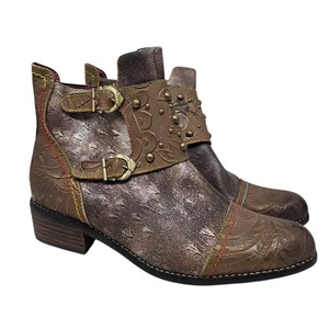 L'Artiste Spring Step 40 Nailhead Brown Leather Ankle Boot Boho Western Casual - Picture 1 of 7