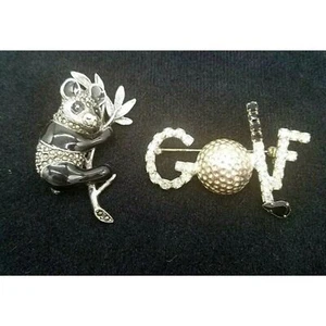 Lot of 2 Pins Brooch Silver Tone Black Rhinestones Golf & 1928 Brand Panda - Picture 1 of 7