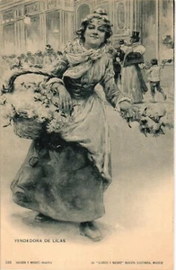 España Antigua Postal Vintage Hauser y Menet Vendedora de lilas (1518) - Imagen 1 de 2