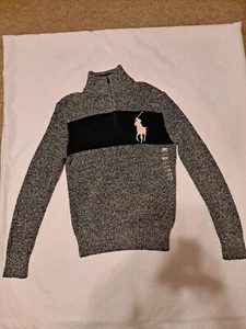 Polo Ralph Lauren Boys 14-16 1/4 Zip Big Horse Cable Knit BlackWhite Sweater NWT - Picture 1 of 4