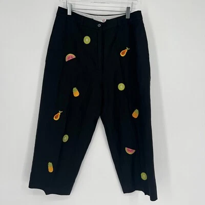 Vtg Sarah Spencer Pants Women 14P Linen Embroidered Fruit Summer Novelty Trouser - Image 1 of 4