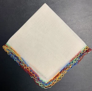 Vintage Fine LINEN Handkerchief - Rainbow Wide Ombre CROCHETED Border Bridal - Picture 1 of 8