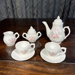 Small Tea Set Flower Bone China Pot Sugar Dish Creamer 2 Cups With Saucers - Picture 1 of 7