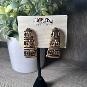 Gold and Silver Tone 2" Long Aztec Print Clip on Fashion Earring - Picture 1 of 7