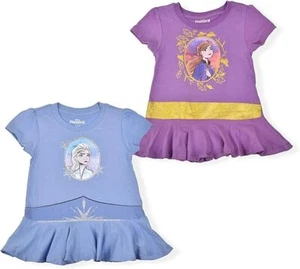 Disney Frozen Elsa and Anna Girls’ 2 Pack T-Shirts for Little Girls Purple Blue - Picture 1 of 3