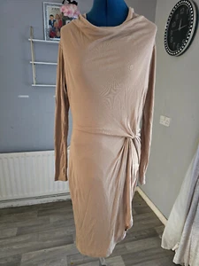 TED BAKER Neyda Drape Wrap Long Sleeve Cowl Bodycon Jersey Dress UK 10 Beige - Picture 1 of 4