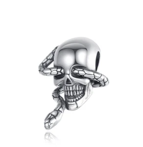 Snake Skull Skeleton Head Halloween Charm Genuine Sterling Silver 925 Bead - Picture 1 of 1