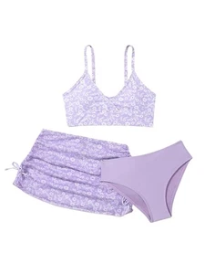 COZYEASE Girls' 3 Piece Set Floral Print Bikini Swimsuit with Drawstring Beach - Picture 1 of 5