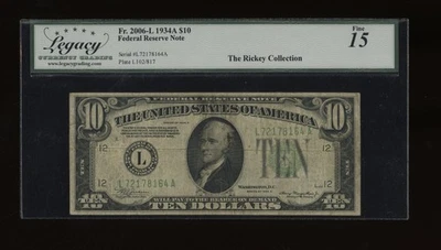 DBR 1934-A $10 FRN San Francisco Fr. 2006-L Legacy 15 Serial L72178164A - Image 1 of 2