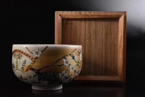 K6740: Japanese Kutani-ware Colored porcelain Gold paint TEA BOWL, auto w/box - Imagen 1 de 12