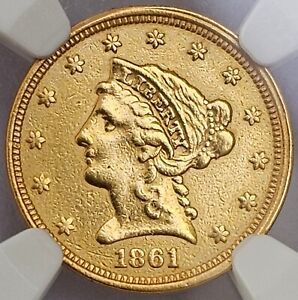 1861 $2 1/2 Coronet Head .900 Gold Quarter Eagle Type 2 NGC AU CIVIL WAR ERA