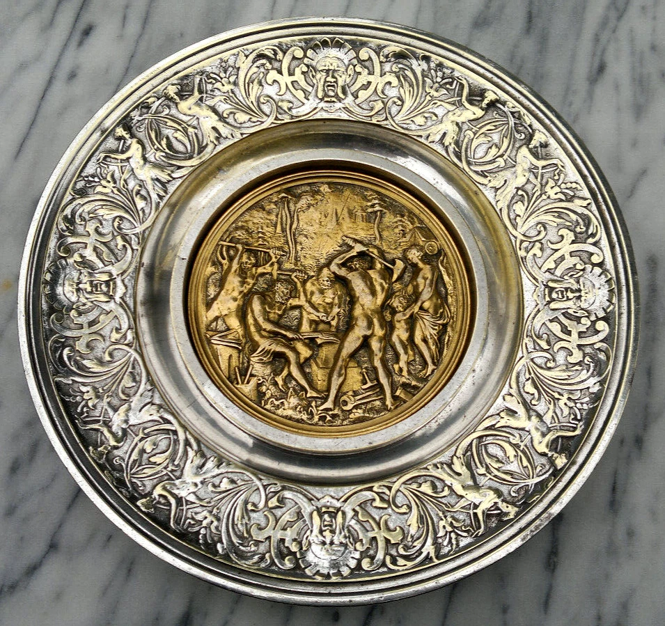 Antique Gilt & Silvered Bronze ~Venus & Cupid at Vulcan's Forge~ Wall Plaque 11" - Image 1 of 4