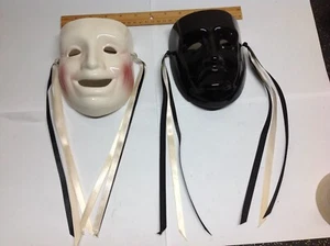 Vintage White/Pink Cheeks & Black Comedy & Tragedy Porcelain Masks Wall Decor - Picture 1 of 7