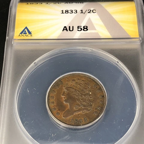 1833 Classic Head Half Cent Coin ANACS AU-58 Cover
