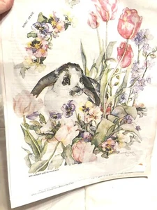 Vintage Daisy Kingdom Watercolors LARGE Iron On Transfer BUNNY PANSIES SPRING - Picture 1 of 4