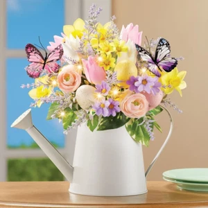 LED Lighted Butterfly Floral Bouquet Watering Can Centerpiece Artificial Flowers - Picture 1 of 3