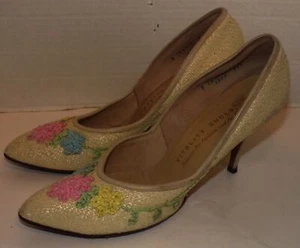Vintage 50s 60s Cream Straw Covered Vitality High Heel Shoes Pastel Flowers 8 - Picture 1 of 6