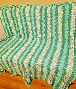 Hand crocheted Teal Afghan striped coverlet 45x60 turquoise green Vtg grannycore - Picture 1 of 5