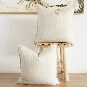 Set of 2 striped Beige 50cm 100% Flax Linen Cushion Covers Straight edge - Picture 1 of 3