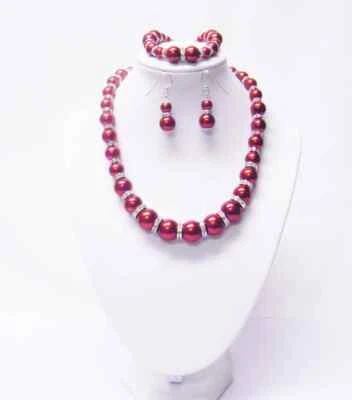 Gargantilla collar/pulsera/pendientes gargantilla perlas vidrio graduado rojo oscuro con estron de rondelle Foto 1 de 4