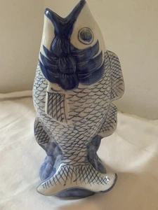 Vintage Ceramic Blue & White Koi Fish Vase - People's Republic of China - Picture 1 of 6