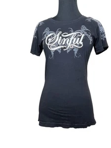 Sinful Affliction Tshirt Womens Size M Grunge Punk Y2K Angel Wings Black Frayed - Picture 1 of 6