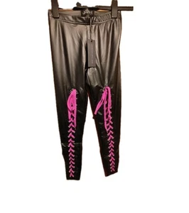 Widow Dolls Kill Faux Leather High Waist Black Pink Lace Up Leggings Goth XS - Picture 1 of 3