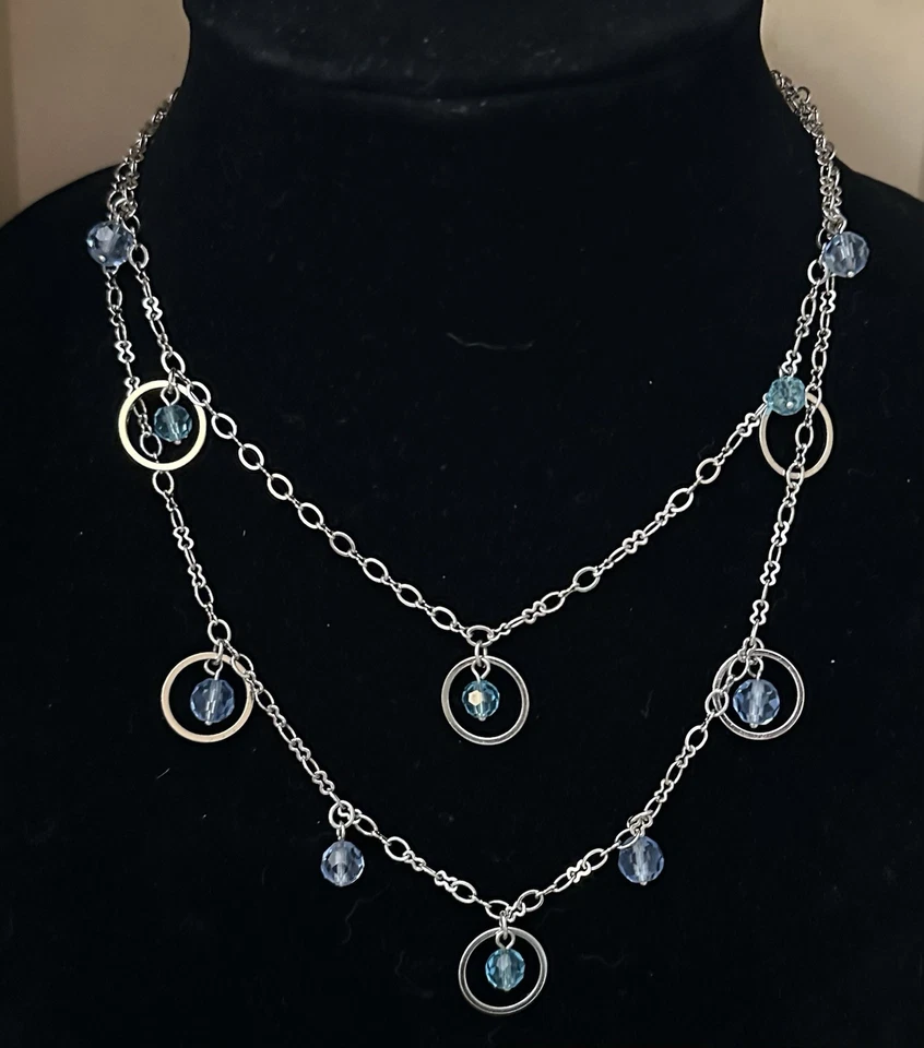 Lia Sophia Silver Tone Multi Layer Necklace Circle Dangles Blue Beads 16-19” - Image 1 of 4