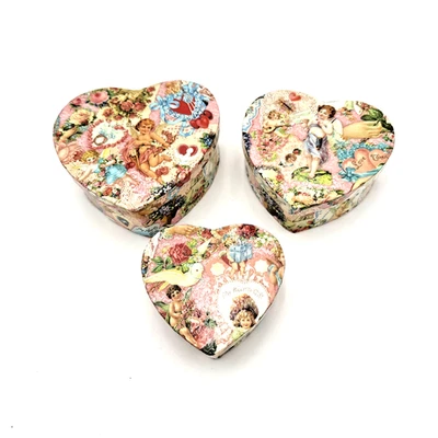 Heart Boxes with Lids Set of Three Sizes See Photos Cupid Roses Birds Decoupaged - Image 1 of 4
