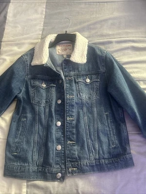 True Religion Fur Trucker Jacket Men's Size Small Wash Denim Cotton - Image 1 of 4