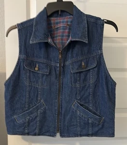 Vintage Liz Wear Weste groß wendbar Denim kariert Retro Country Taschen 100 % Baumwolle - Bild 1 von 12