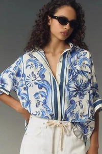 Blusa Farm Rio Garden Tiles Anthropologie Buttondown Top Camisa Azul Talla L NUEVA - Imagen 1 de 5