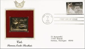 Cats Siamese Exotic Shorthair Cats USA Golden Gold 22k Plated Stamp FDC 1988 - Picture 1 of 2