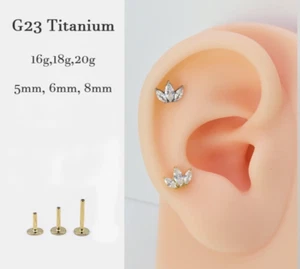 20G/18G/16G Titanium Marquise CZ Push Pin Labret Threadless Flat Back Earrings - Picture 1 of 9