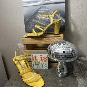 WALTER STEIGER Yellow Patent Buckled Ankle Strap OpenToe Heels 7.5B NWT $240 - Picture 1 of 24