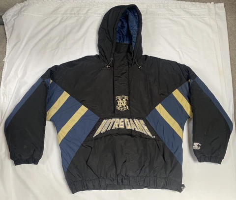 Notre Dame Hooded Puffer Winter Coat Half Zip Starter Jacket Blue Zipper Cover