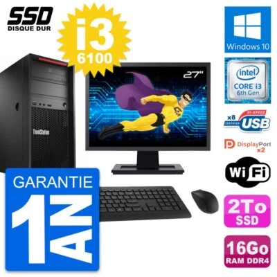 PC tour LENOVO P310 MT Pantalla 27" Intel i3-6100 RAM 16Go SSD 2To Windows 10 Wi - Imagen 1 de 4
