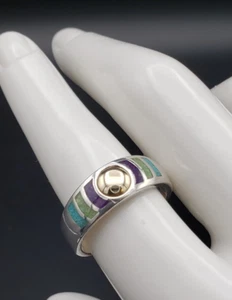 Coleman Co VTG Turquoise Amethyst Peridot Inlay Sterling Silver 14K Ring Size 8 - Picture 1 of 13
