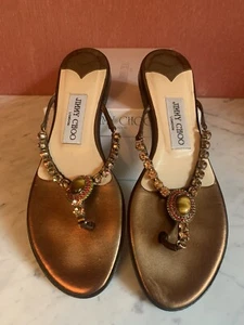 JIMMY CHOO NEWS BRONZE METALLIC NAPA LEATHER CRYSTAL FLAT SLIDE SANDALS EU SZ 37 - Picture 1 of 12