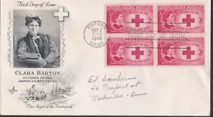 USA 1948 FIRST DAY COVER CLARA BARTON FOUNDER OF RED CROSS BLOCK OF 4 + CACHET - Picture 1 of 1