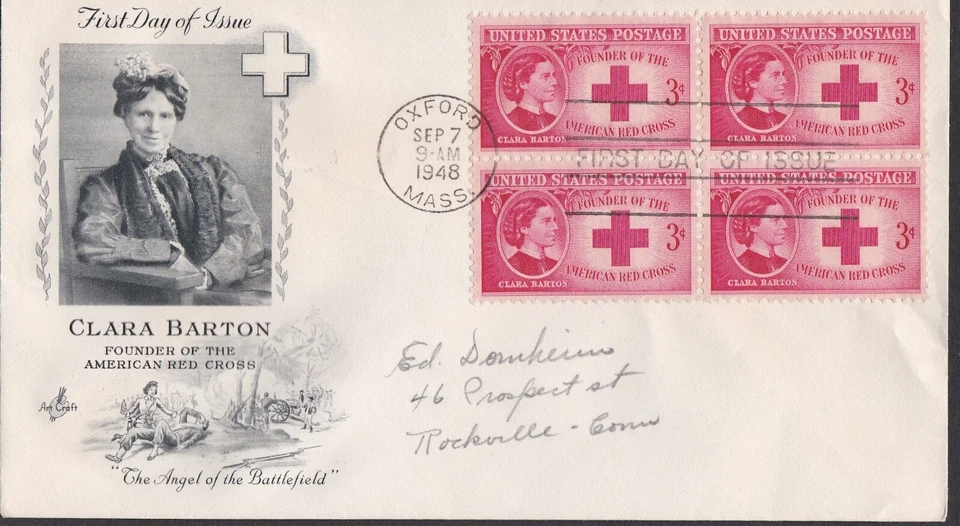 USA 1948 FIRST DAY COVER CLARA BARTON FOUNDER OF RED CROSS BLOCK OF 4 + CACHET - Image 1 of 1