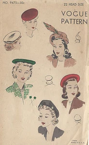 1940s Vintage VOGUE Sewing Pattern S:22" BERET HAT (R908) - Picture 1 of 1
