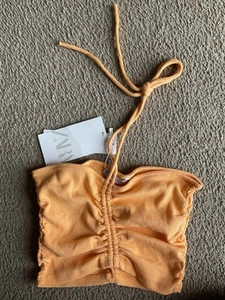 Zara Stretchy Orange Ribbed Fabric Strapless/Halter Bandeau Boob Tube Top S Bnwt - Picture 1 of 6