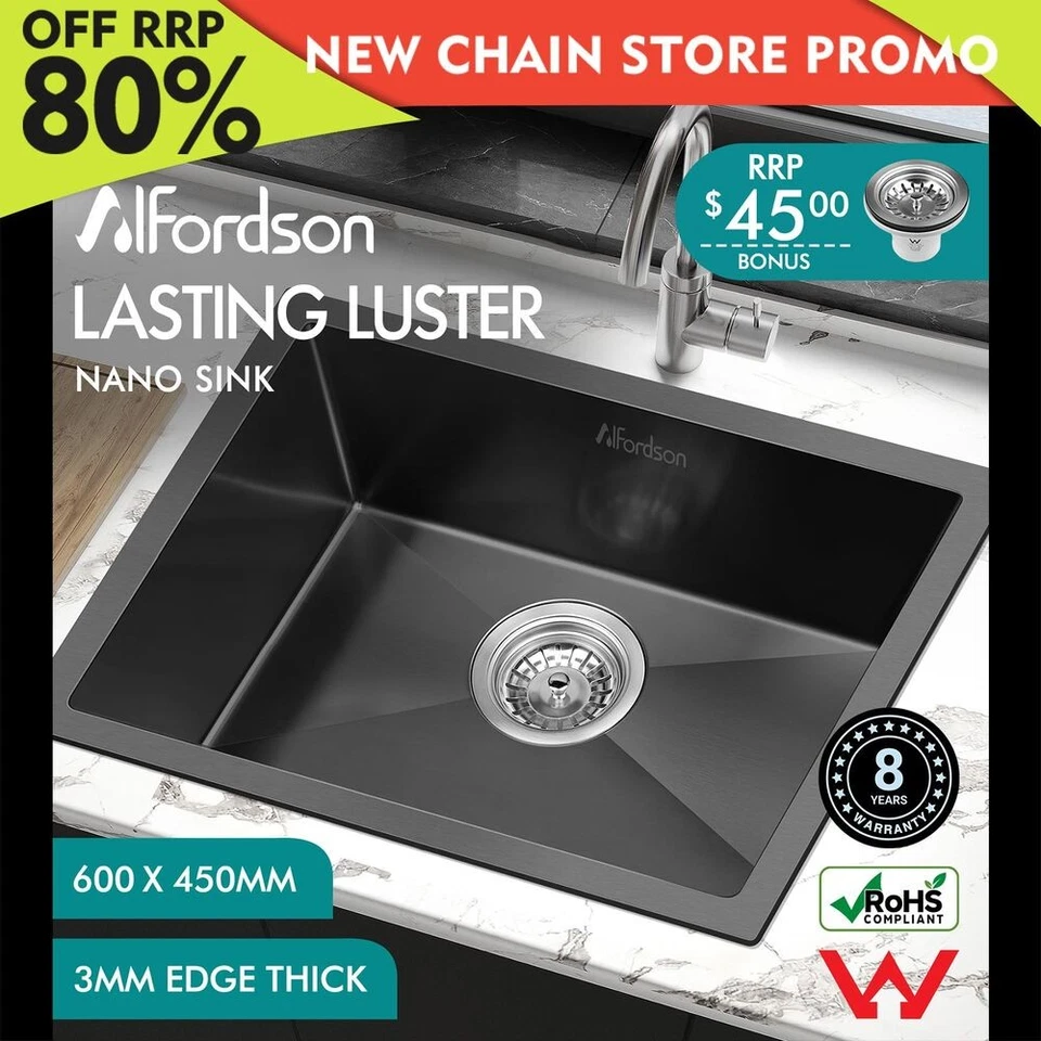 ALFORDSON Kitchen Sink Stainless Steel Drop in Flush Under Mount 600X450MM Black