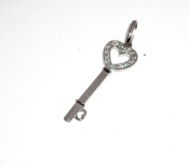 1.2g 1.25" Diamonique CZ Open Heart Key Charm Pendant Real Solid 14K White Gold  - Image 1 of 1