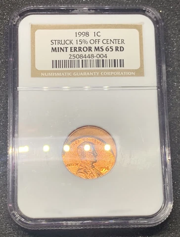 1998 1C STRUCK 15% OFF CENTER MINT ERROR MS 65 RD Cover