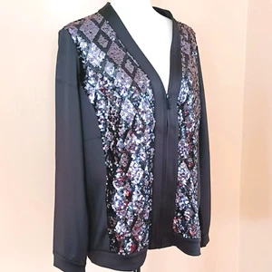 Bob Mackie Black Sequined Jacket L Zip Front Cardigan Side Pockets Blazer - Picture 1 of 8