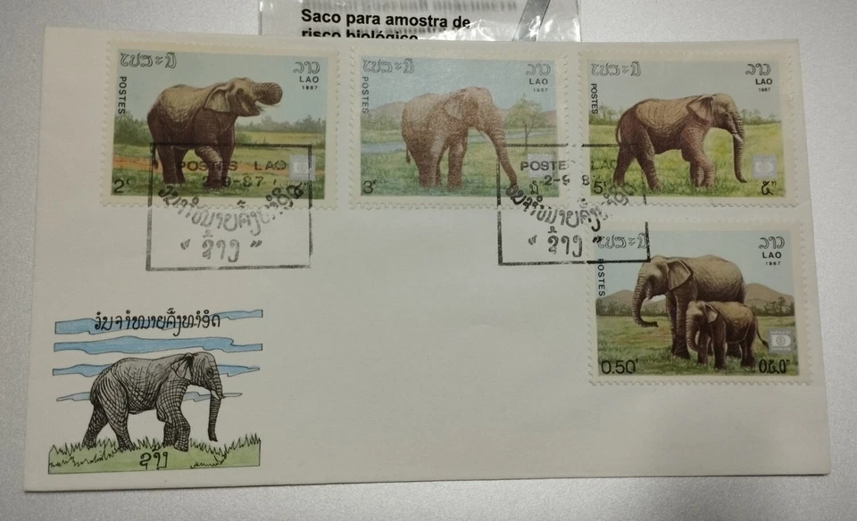1987 Lao Laos Wildlife Elephant Gajah Stamp FDC - Image 1 of 4