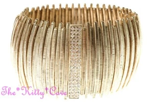 Stunning Gold Pltd Textured Curved Bars Flex Bracelet Cuff w/ Swarovski Crystals - Picture 1 of 2