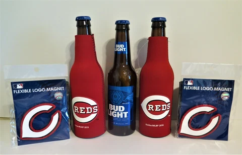 TWO (2) CINCINNATI REDS NEOPRENE BOTTLE SUITS & TWO FLEXIBLE MAGNETS Cover